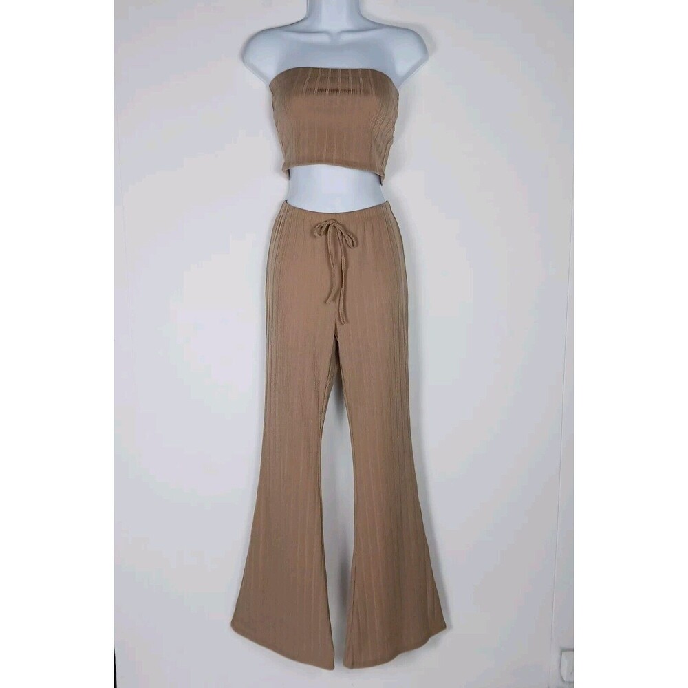 Capella Women's M 2 Piece Flare Pants and Crop Top Set Stretch Loungwear Tan NWT